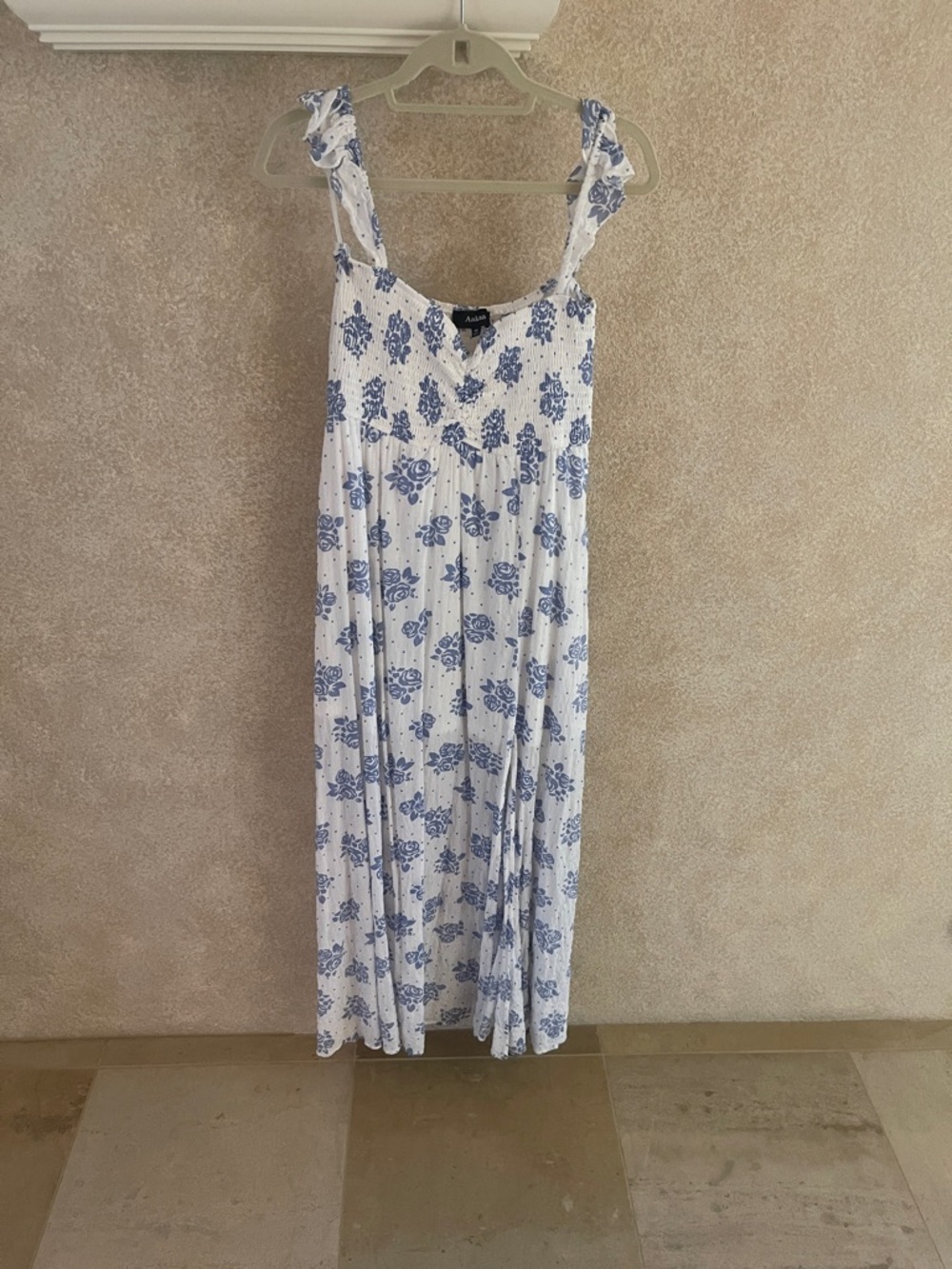 Blue Floral White Maxi Dress with Ruffle Straps